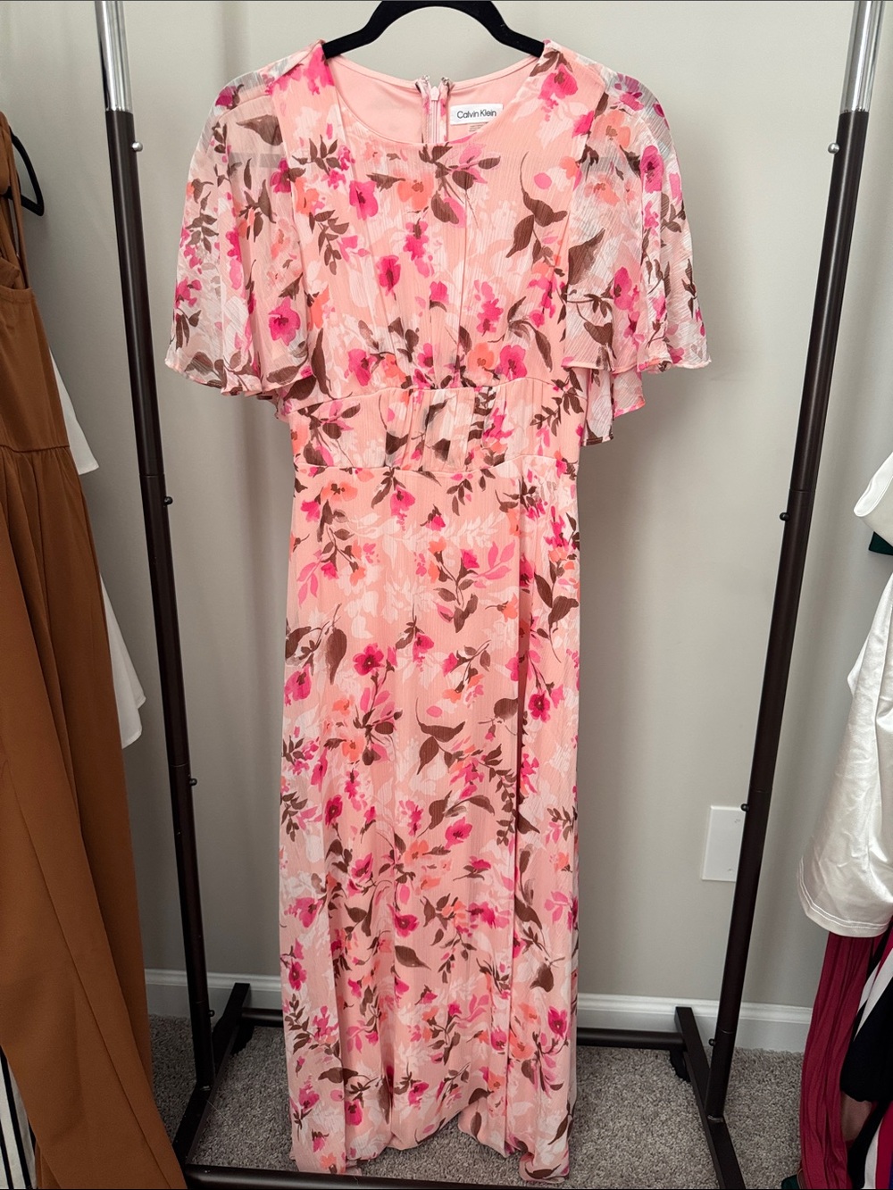 Calvin Klein Pink Floral Maxi Dress with Flutter Sleeves
